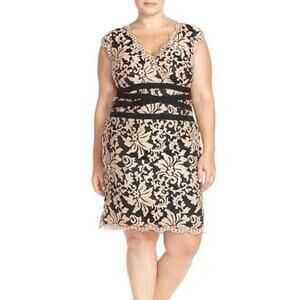 Tadashi Shoji Ginseng Black Gold Lace Sheath Dress Sz 16 Formal Evening Wedding